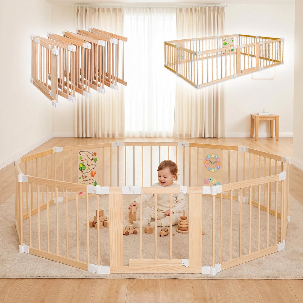 Baby Playpen with Montessori Toy, 10 Panels Foldable Play Yard Door Panel | Built-in Toys, Adjustable Multi-Shape