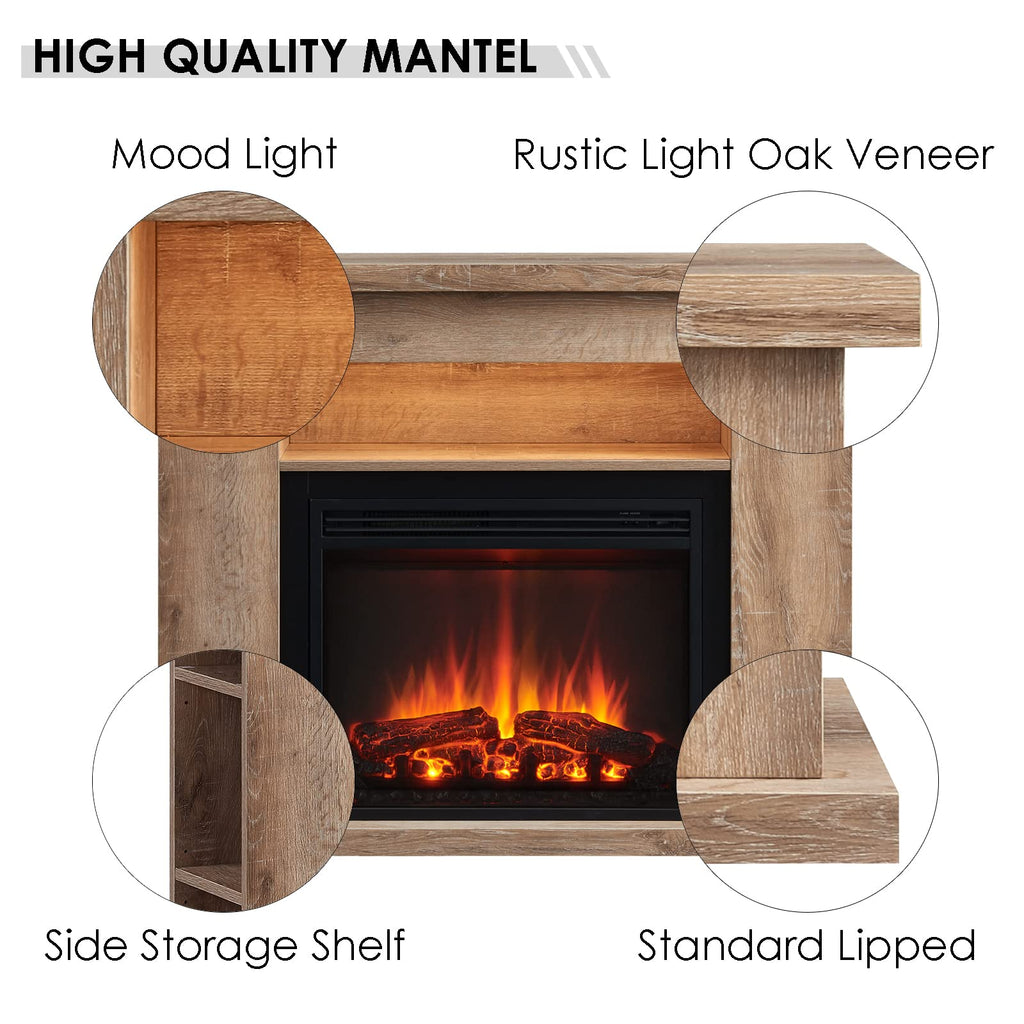 LegendFlame Barron Electric Fireplace with 43" Storage Shelf Mantel Surround and Jaden 23" Insert, Rustic Light Oak