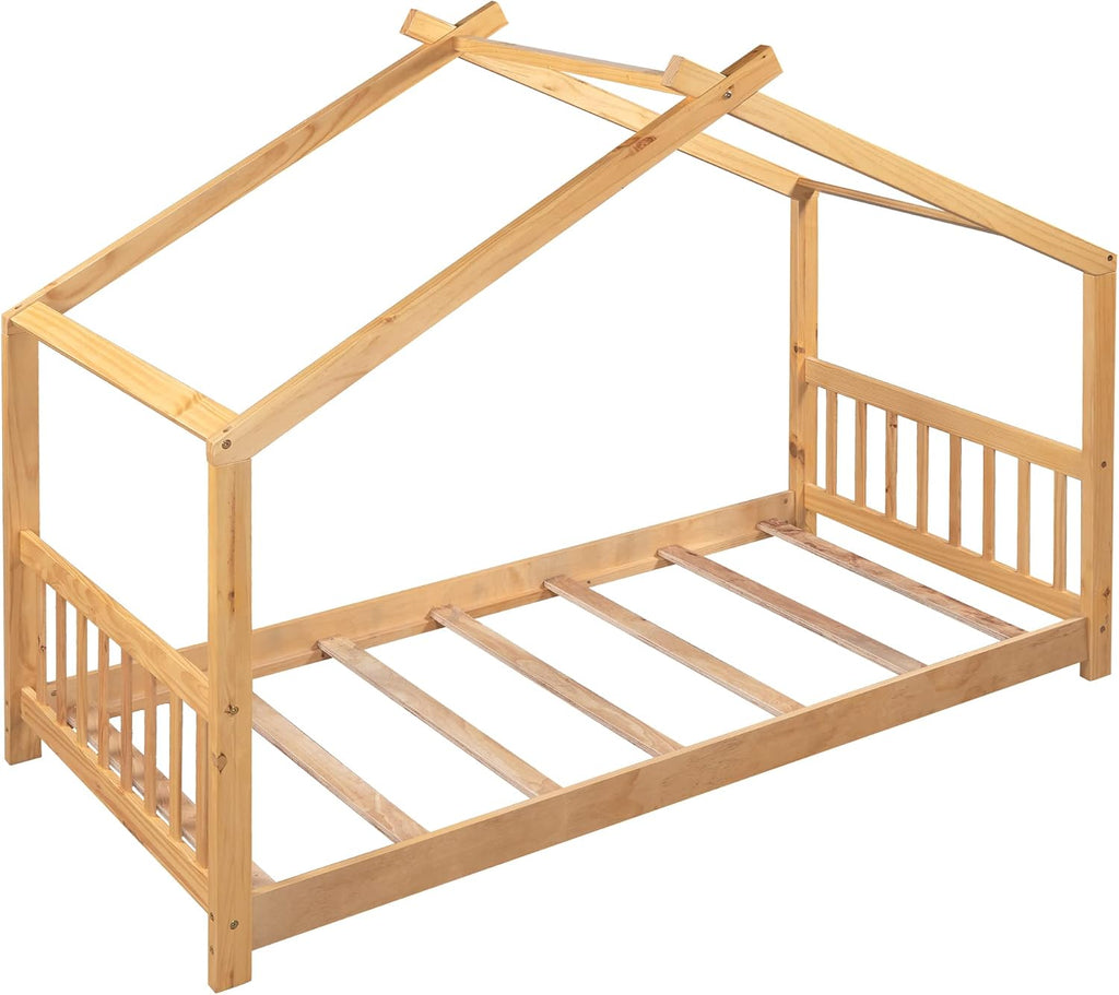 Floor House Beds Wood Montessori Bed Frame Twin Size Platform Bed with Headboard & Footboard for Kids Boys Girls