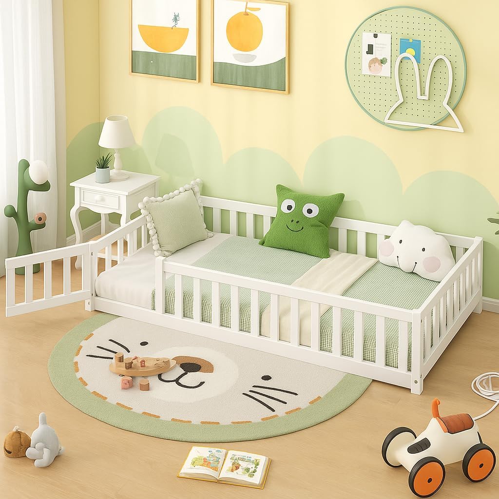 Twin Floor Bed with Fence for Kids, Wooden Montessori Bed Frame with Lockable Door & Guardrails, Low Floor Beds for