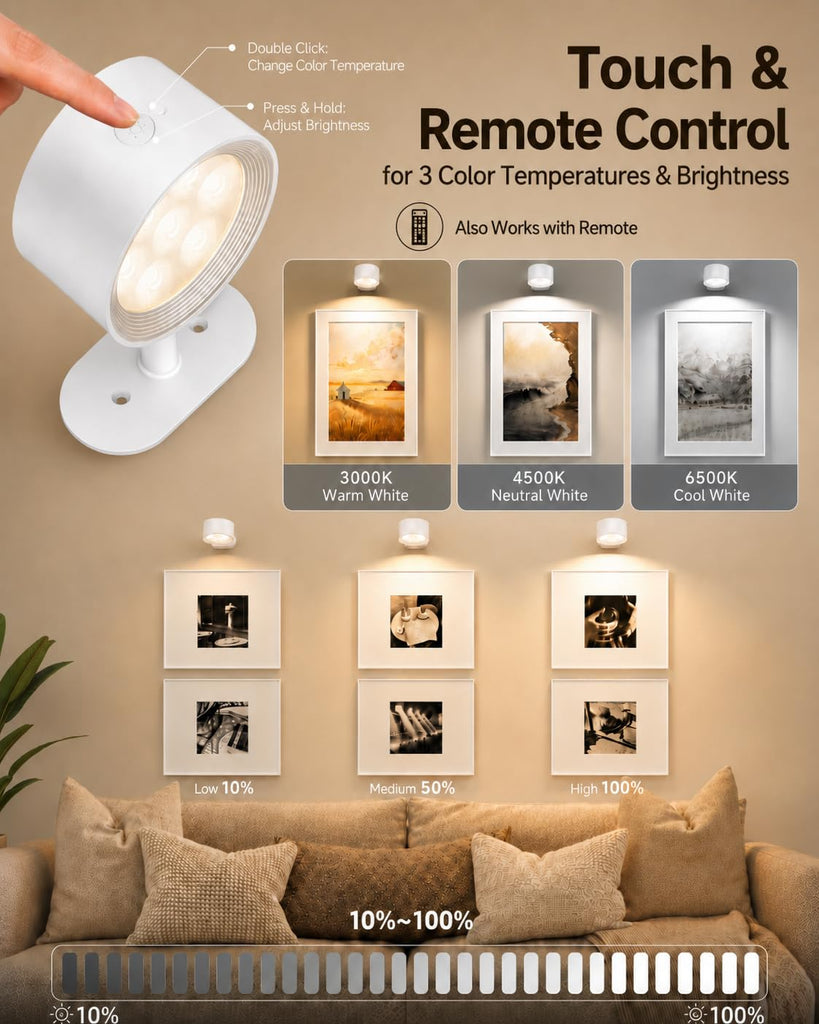 Picture Lights for Wall, 6 Pack Rechargeable Magnetic with Remote (White)