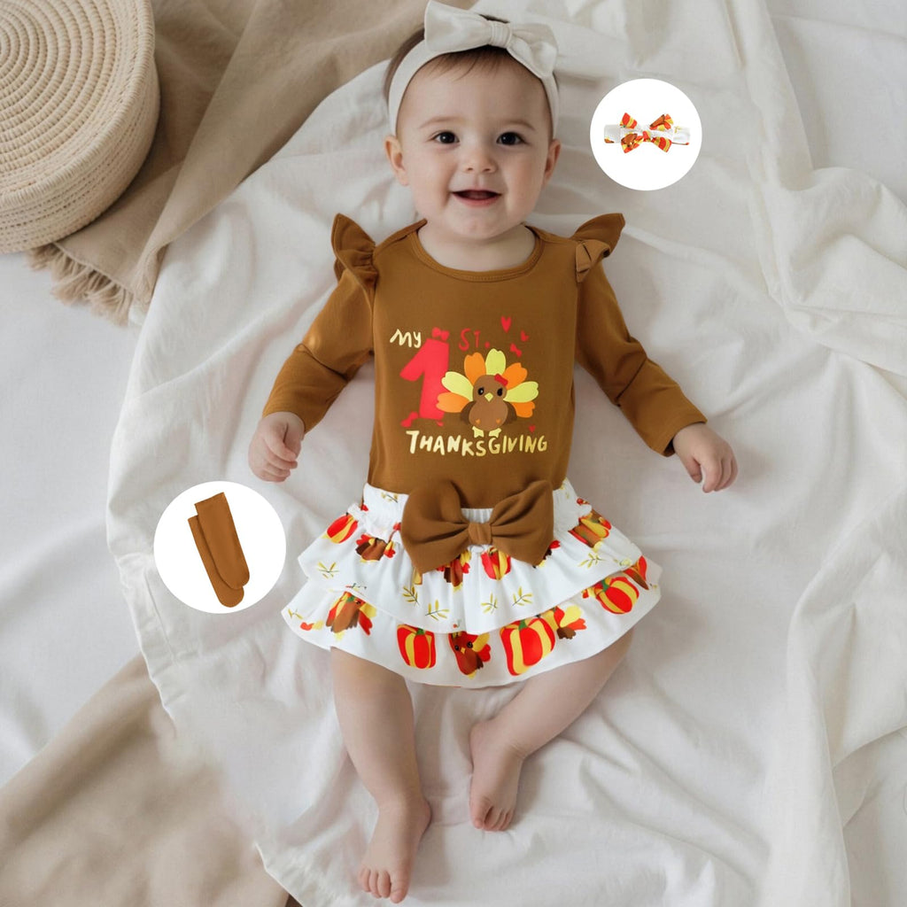 Newborn Baby Girl Thanksgiving Outfit Turkey Clothes Long Sleeve Romper+Bloomers Tutu Skirt+Socks+Headband 4Pcs