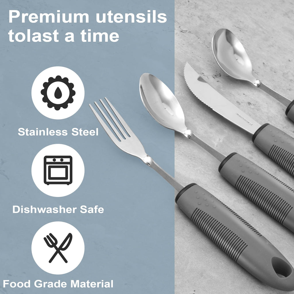 Bendable Adaptive Utensils, 4-Piece Heavy Duty, Stainless Steel Fork, Knife, and Spoon Adaptive Utensils Enhanced