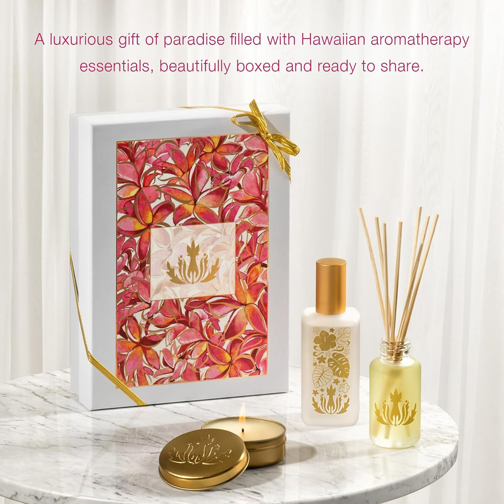 Home Ambiance Gift Box, Plumeria, Hawaiian Aromatherapy Gift Set with Reed Diffuser, Ambiance Mist + Soy Candle