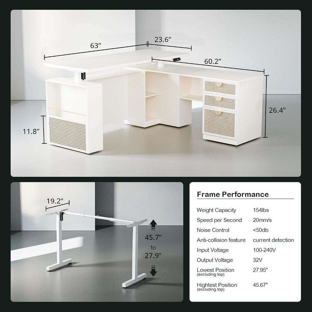 63" L Shaped Electric Standing Desk, Privacy Panel | White Rattan, 1.18" Desktop Executive Height Adjustable Desk