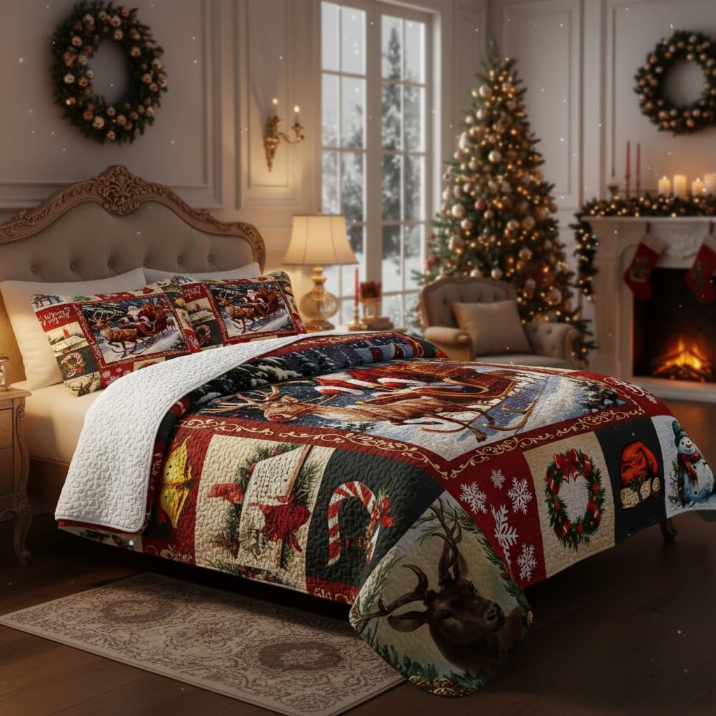Merry Christmas Patchwork Quilt Set King- Santa Claus Sled Tree Snowflakes Checkered Printed Holiday Bedding Set