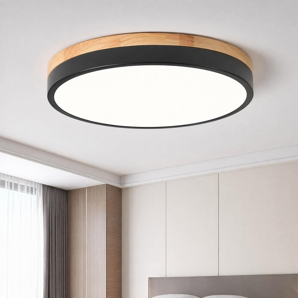 Modern Wood Black Flush Mount Ceiling Light, 11.81" Round LED Low Profile Close to Ceiling Fixture Bedroom Bathroom
