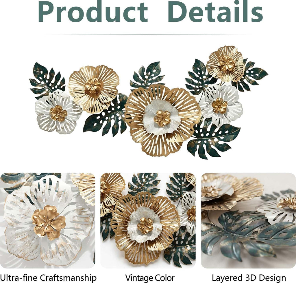 54" Large Metal Wall Art, 3D Floral Wall Decoration for Livingroom