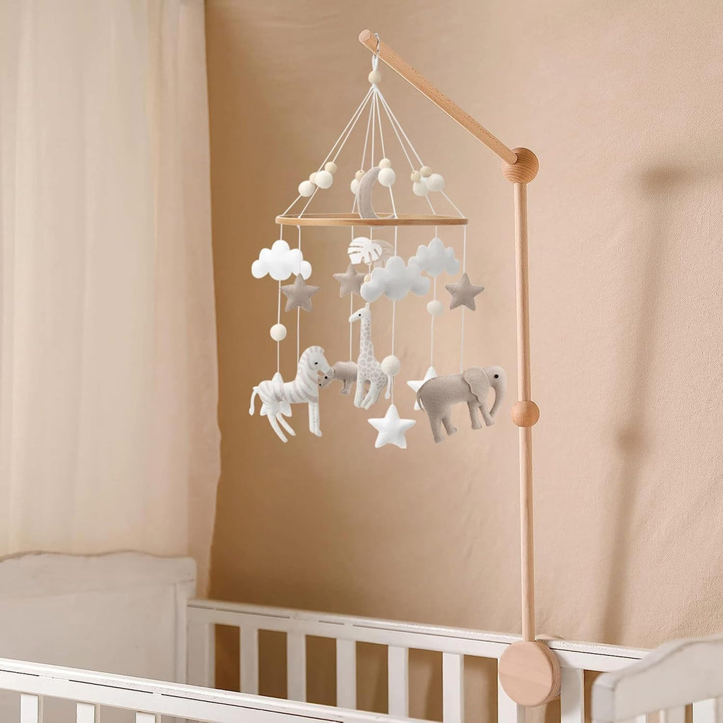 Safari Nursery Mobile Decoration, Neutral Felt Hanging Decor with Elephant, Giraffe, Zebra & Rhino, Boho Baby Room