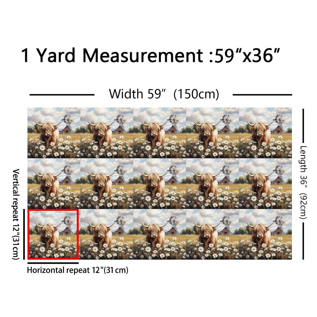 Retro Highland Cow Fabric By The Yard Soft Cute Cows