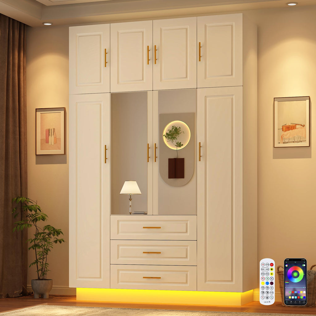 Large Armoire Wardrobe Closet Cabinet with Drawers and LED Lights, Multi-Tier Shelves, Hanging Rod, Large Capacity