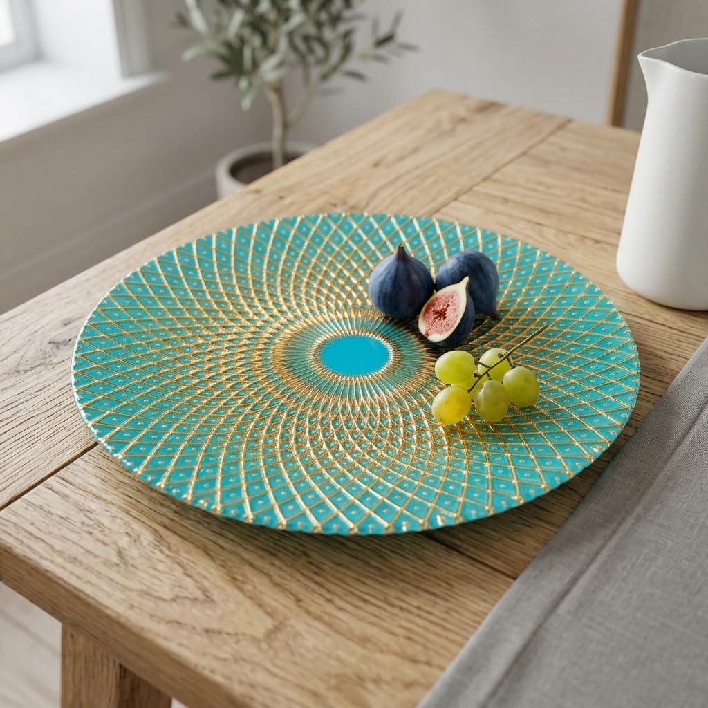 13-Inch Bohemian Art Glass Fruit Bowl - Decorative Serving Plate with Gold Geometric Pattern, Turquoise Centerpiece
