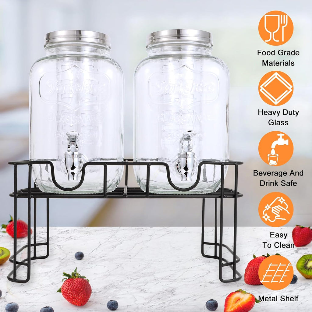 1 Gallon Glass Drink Dispensers For Parties-Set of 2, Drink Dispenser with Fruit Infuser & Stand,Juice or Beverage