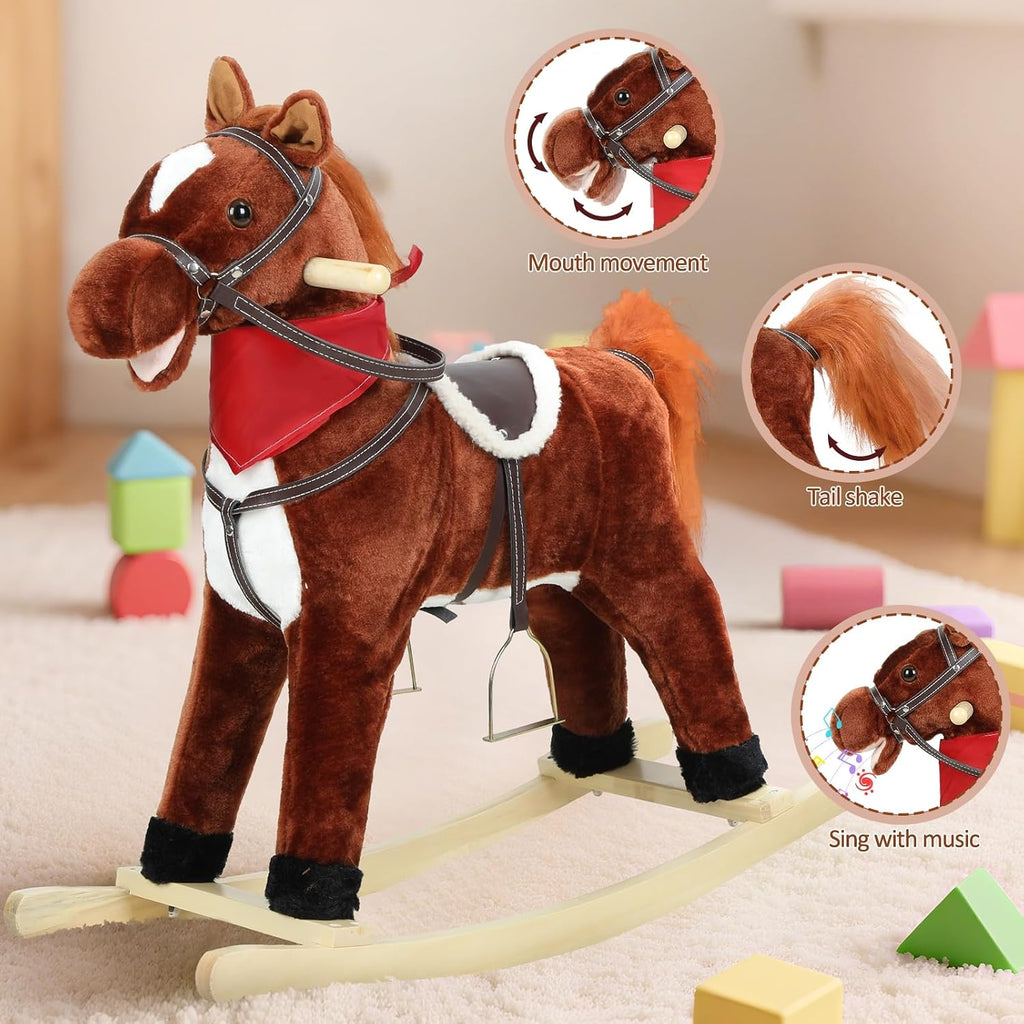 Plush Rocking Horse for Toddlers Age 1-6, Wooden Rocker with Moving Mouth & Wagging Tail, Musical with Sounds, 50kg
