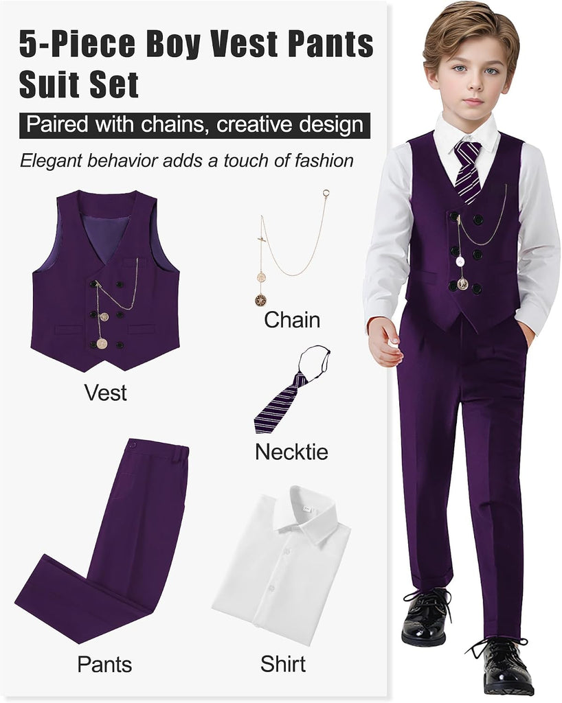Boys Suit Formal Dress Clothes Big Boy Wedding Outfit Vest+Pants+Dress Shirt+Chain+Adjustable Tie