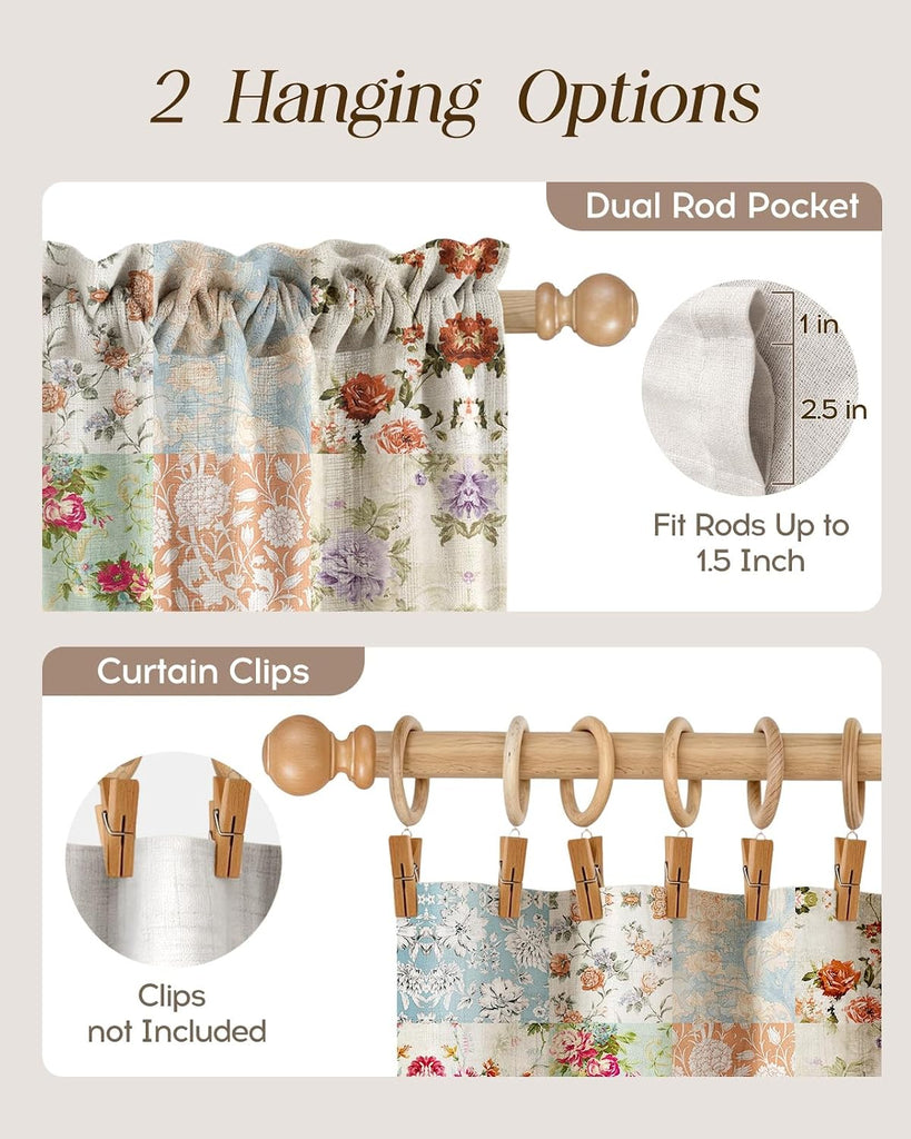 Boho Kitchen Curtains - 36 Inch Length Linen Blend Vintage Floral Cafe Curtains Country Tier Curtain Short Drapes Rod