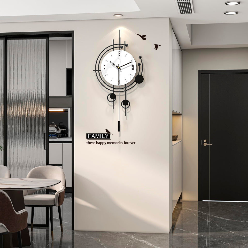 Modern Wall Clock Decor Large Decorative Metal Wall Clock with Pendulum 14 Inch Big Black Silent Unique Clock Battery