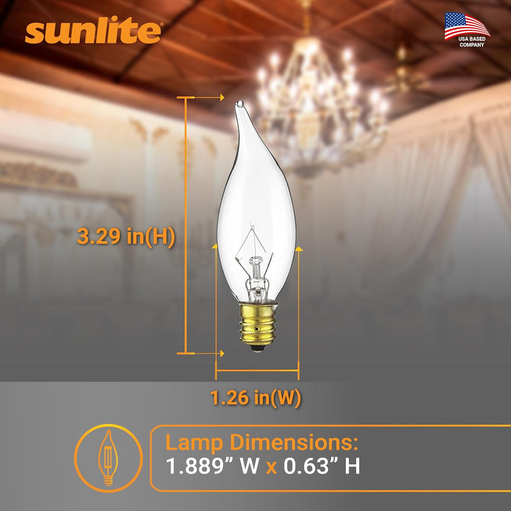 Incandescent Petite Clear Chandelier Light Bulb, 15 Watts, 105 Lumens, Candelabra E12 Base, Flame Tip, 2600K Warm
