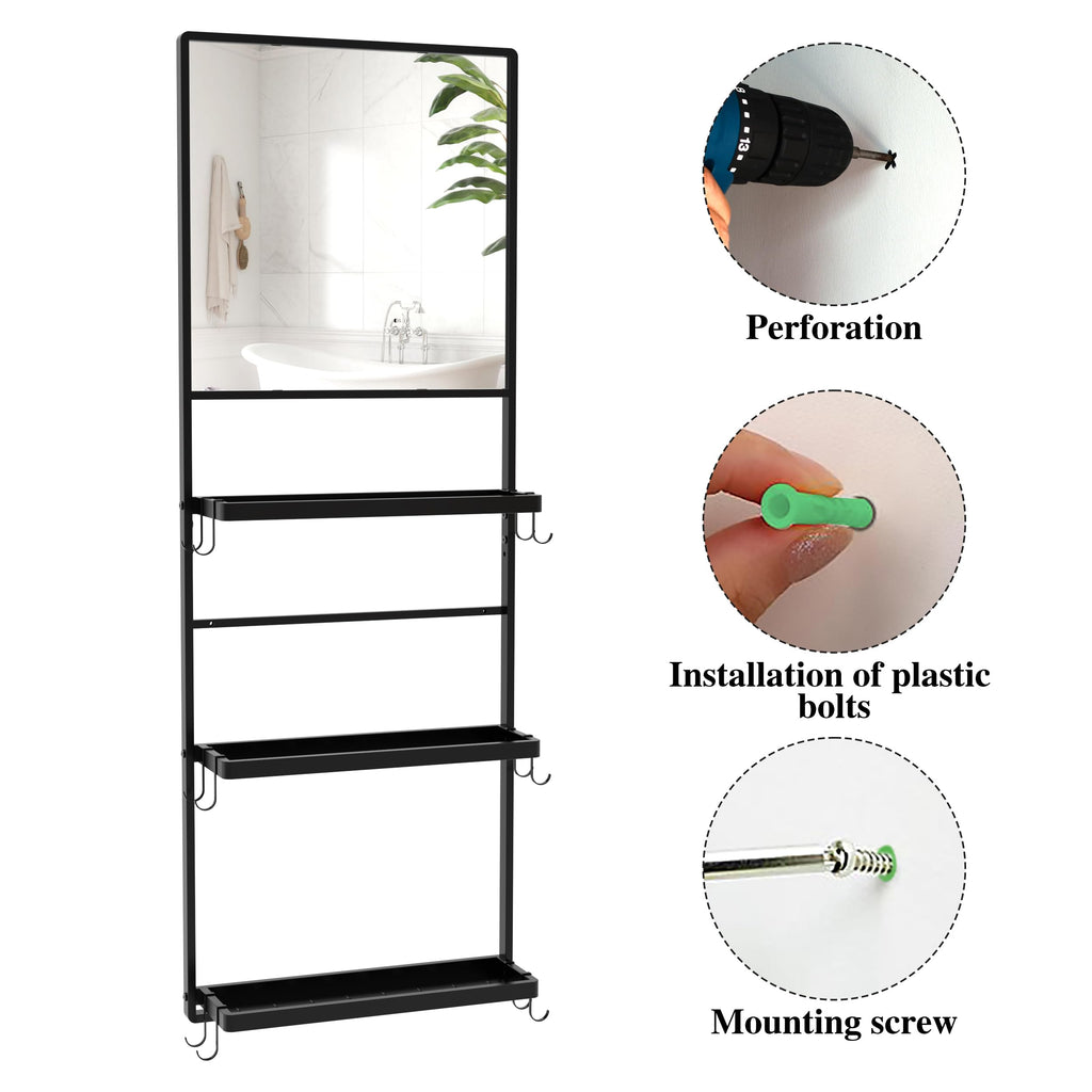 45" X 16" Black Wall Mirror with Shelf and Hooks, Rectangle Mirror for Wall, 3 Trays and 12 Removable Hooks
