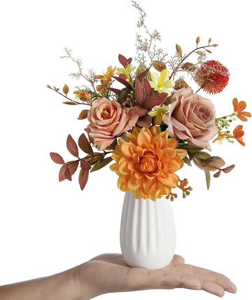 Small 11" Artificial Flowers in Ceramic Vase - Orange Silk Flower Centerpiece for Dining Table, Office, Wedding &