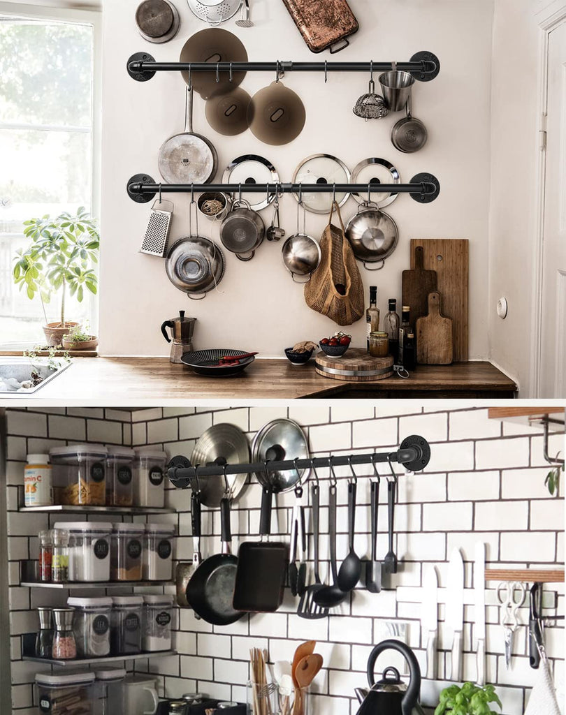 Industrial Pipe Pot Pan Rack 21" (2 Pack), Wall mount Pot hangers Pan Hanging Rail Lid Hanger with 10 S Hooks