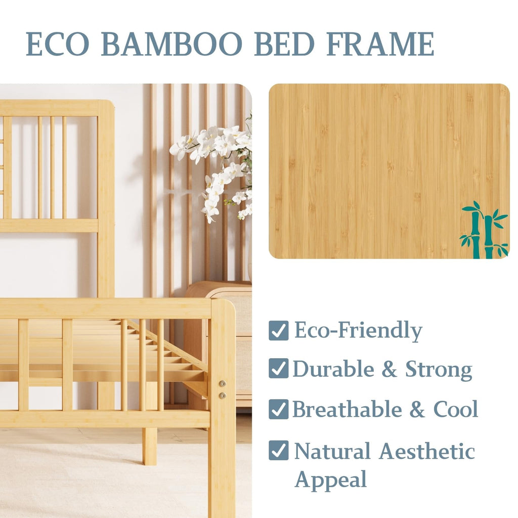 10 in High Bamboo Wood King Size Bed Frame with Headboard & Footboard, Platform Bed Frame King with Steel Slats