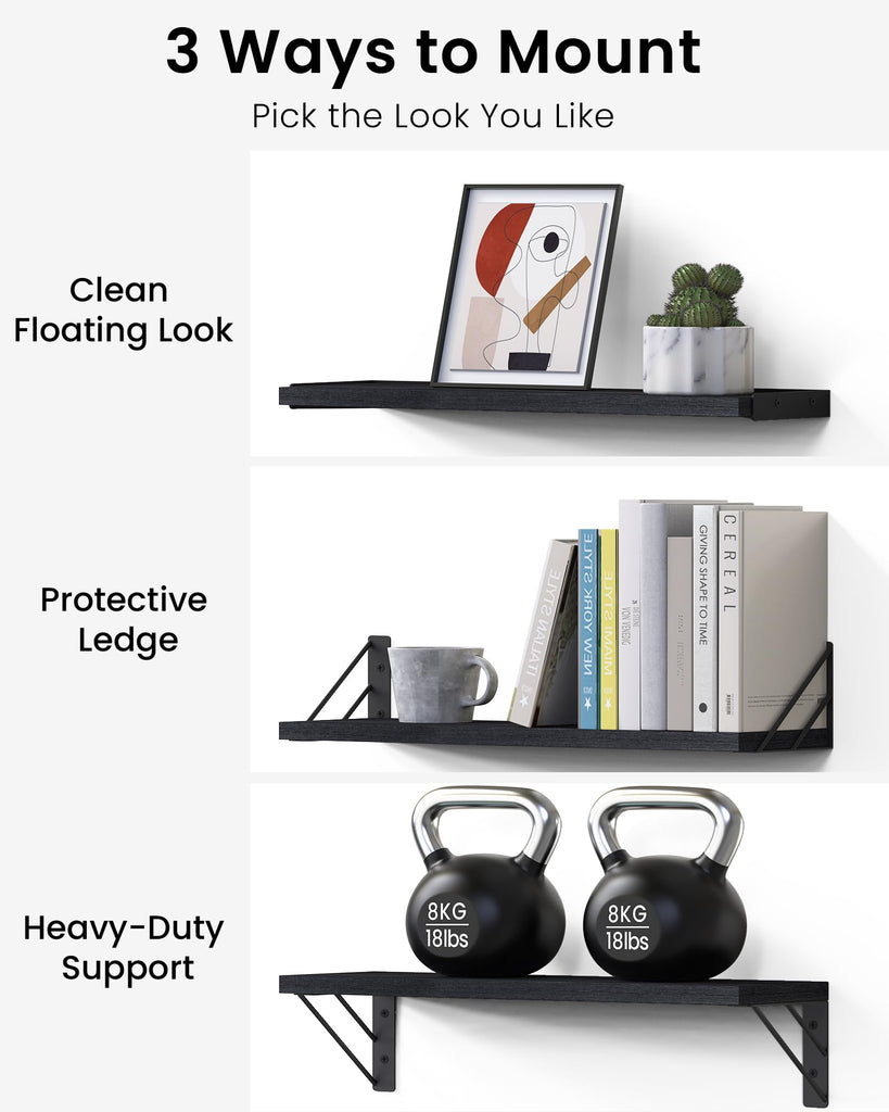 Wall Mounted Black Floating Shelves For Wall (Set of 4, 16.5" Mixed)