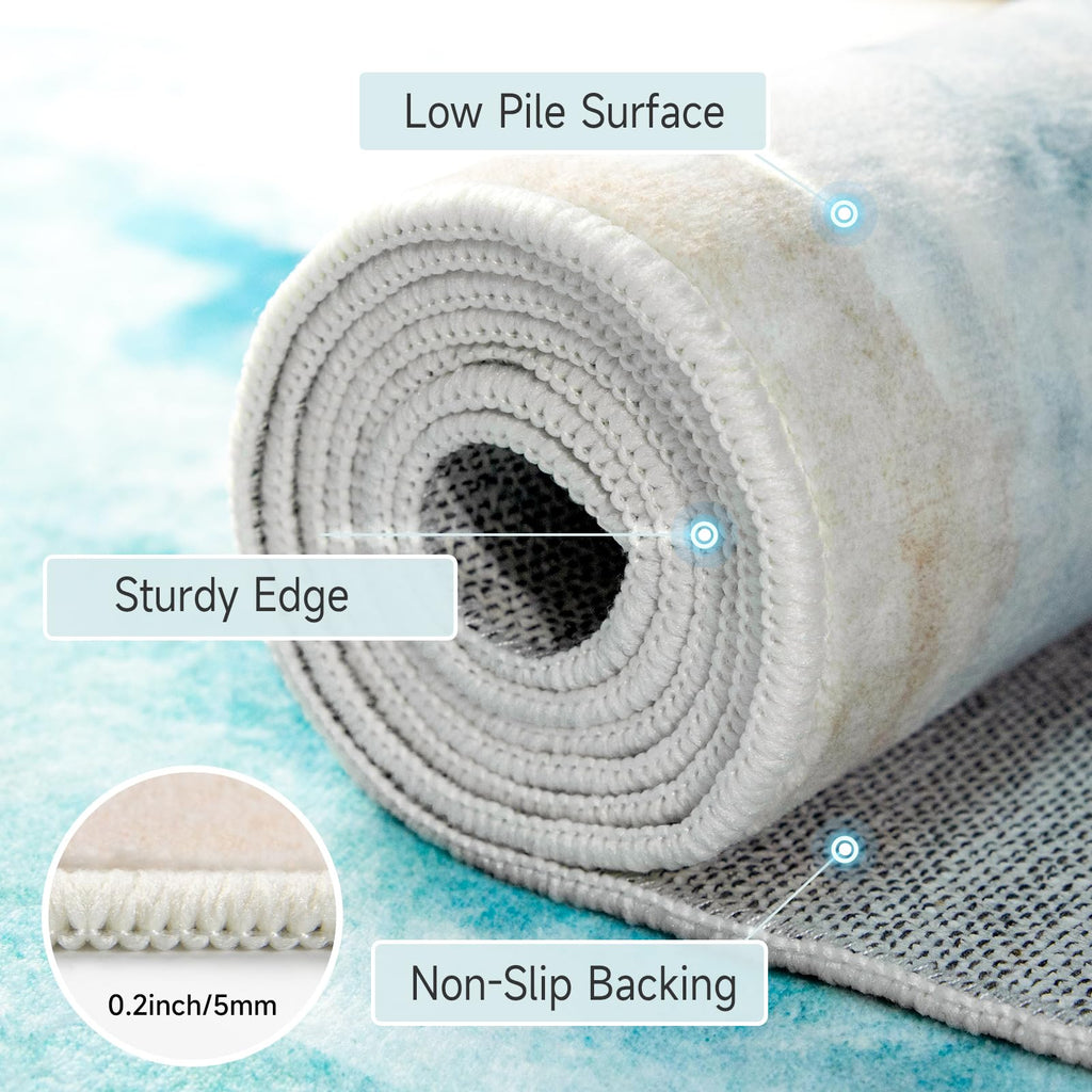 Beach Pattern Runner Rug Non Slip Washable Kitchen Runner Rug with Rubber Backing, Low-Pile Soft Washable Runner
