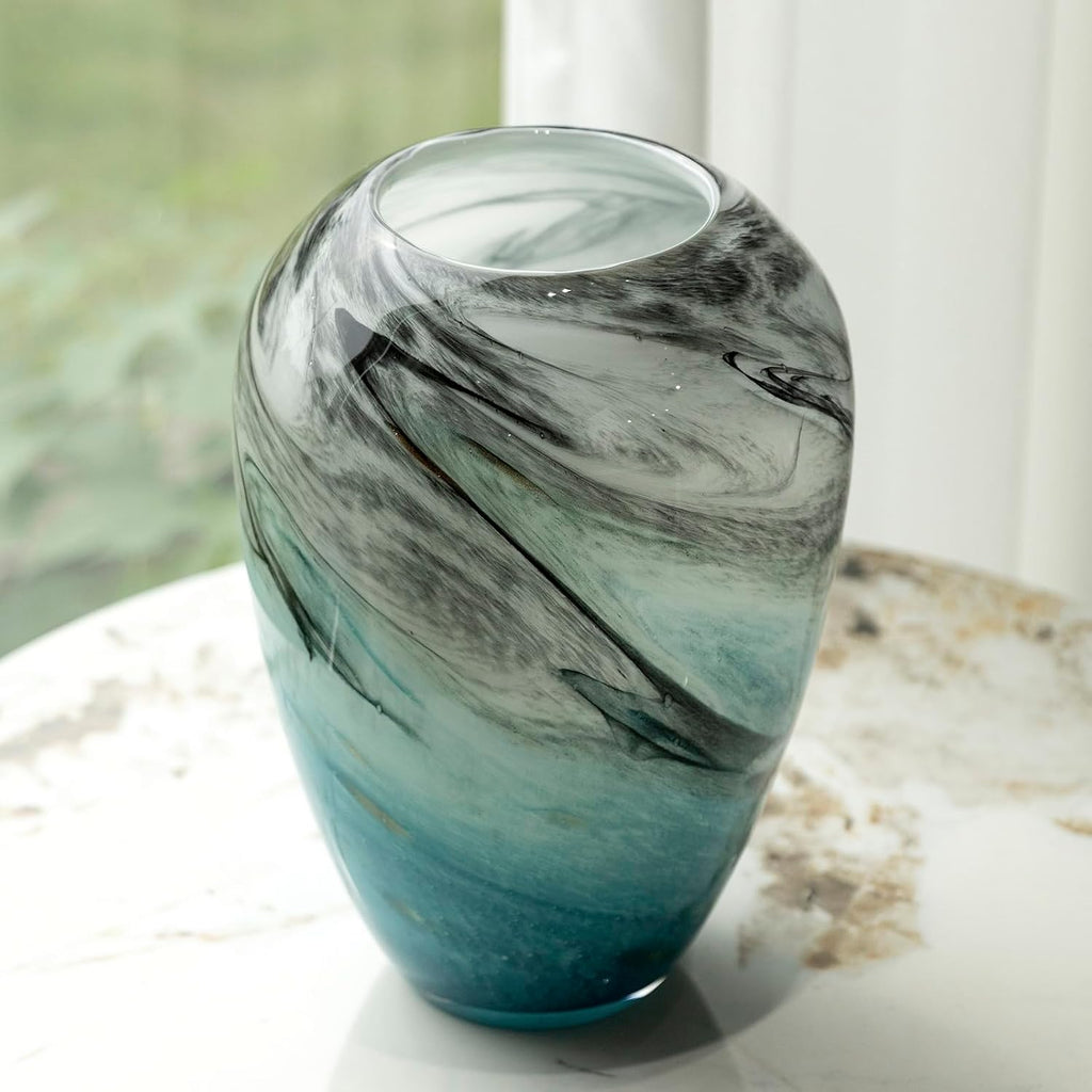 11" H Teal Glass Vases for Flowers, Unique Hand Blown Glass Vase Blue Home Decor, Wide Mouth Colorful Flower Vase