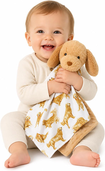 Golden Retriever Woobie Lovey Blanket, Plush Baby Security Blanket with Chime Rattle and Minky Lining