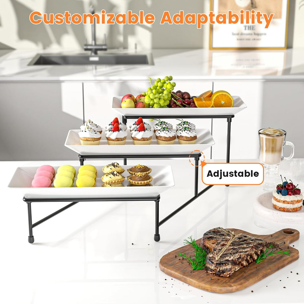 3 Tier Serving Tray, 12'' Collapsible BPA Free Dessert Stand, Black