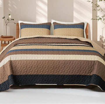 Full Queen Quilt Set - Reversible Camel Quilts Queen with 2 Pillow Shams, Lightweight Boho Striped Bedspreads