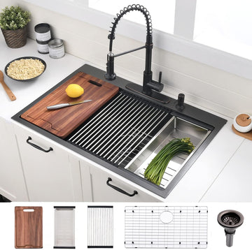 33 Inch Black Drop Sink - VOKIM33x22Inch Top Mount Sink | Workstation Stainless Steel Drop In Sink 16 Gauge Single