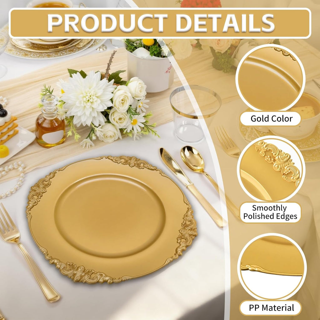 Gold Charger Plates Bulk, 13" Round Charger Plates with Embossed Rim, Decorative Dinner Gold Chargers - Set of 100