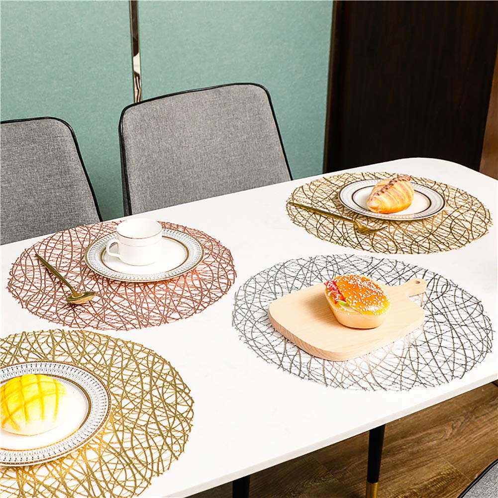 Silver Round Placemats for Dinner Table Set of 6 Metallic Hollow Out Line