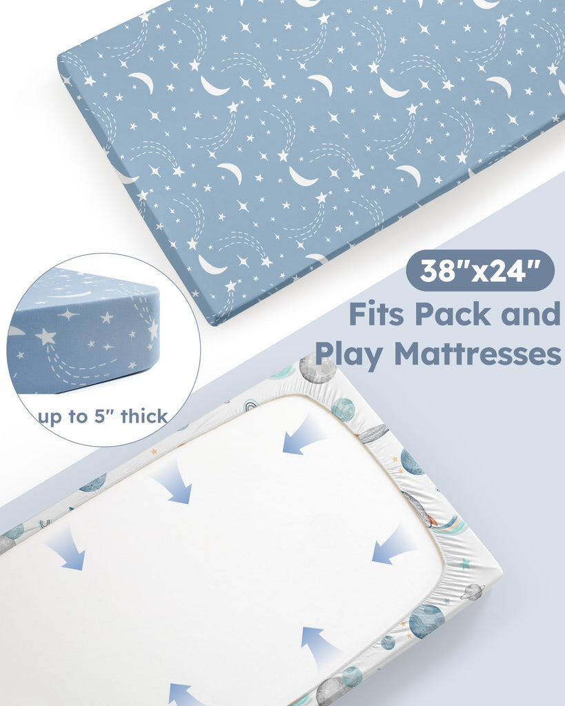 Pack and Play Sheets for Boys Girls, 38" x 26" Mini Crib Sheets Fitted for Pack n Play Mattress, Soft Breathable
