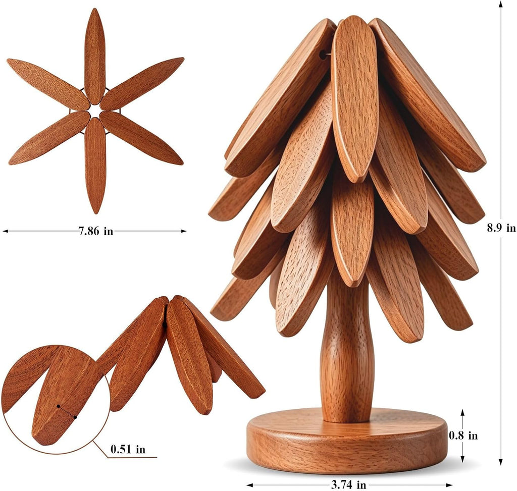 Wooden Tree Trivet Set - 4 Heat-Resistant Sapele Wood Trivets with Stand for Hot Pots and Pans, Kitchen Countertop - Set of 4