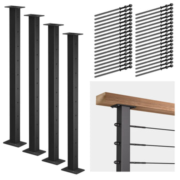 4 Pack Stainless Steel Cable Railing Post(2"×2") with 1/8 Cable Railing Kit, Level drilled (4, Black, 36 inch)
