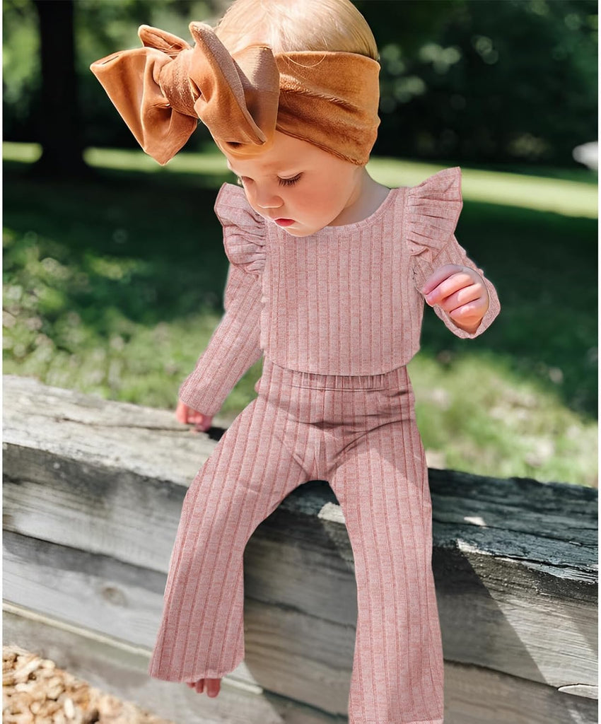 Toddler Baby Girls Clothes Set Ruffle Knit Ribbed Long Sleeve T-Shirts Tops+Pants 2Pcs Outfits Fall Winter Clothes