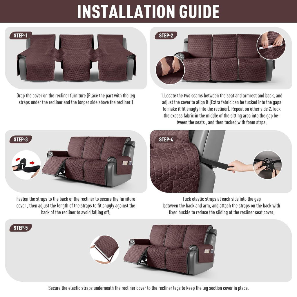 100% Waterproof Reclining Couch Cover for 3 Seater Recliner Sofa