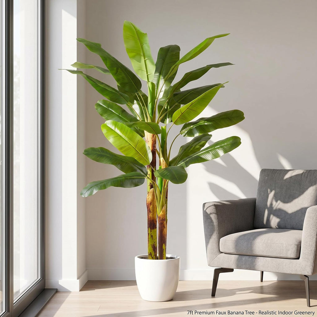 7ft Artificial Banana Tree, Real Touch Faux Leaves, Natural Texture Trunk with Cement Weighted Base. Large Fake