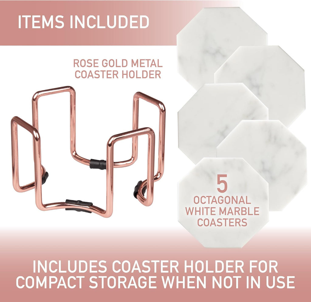White Carrara Marble Tabletop Coasters with Storage Holder - Set of 5