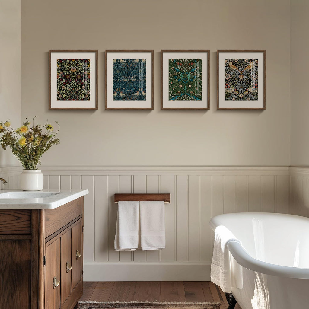 Framed William Morris Canvas Wall Art, 4 Piece Vintage Botanical Floral Bird Wall Art Decor, Retro Strawberry Thief