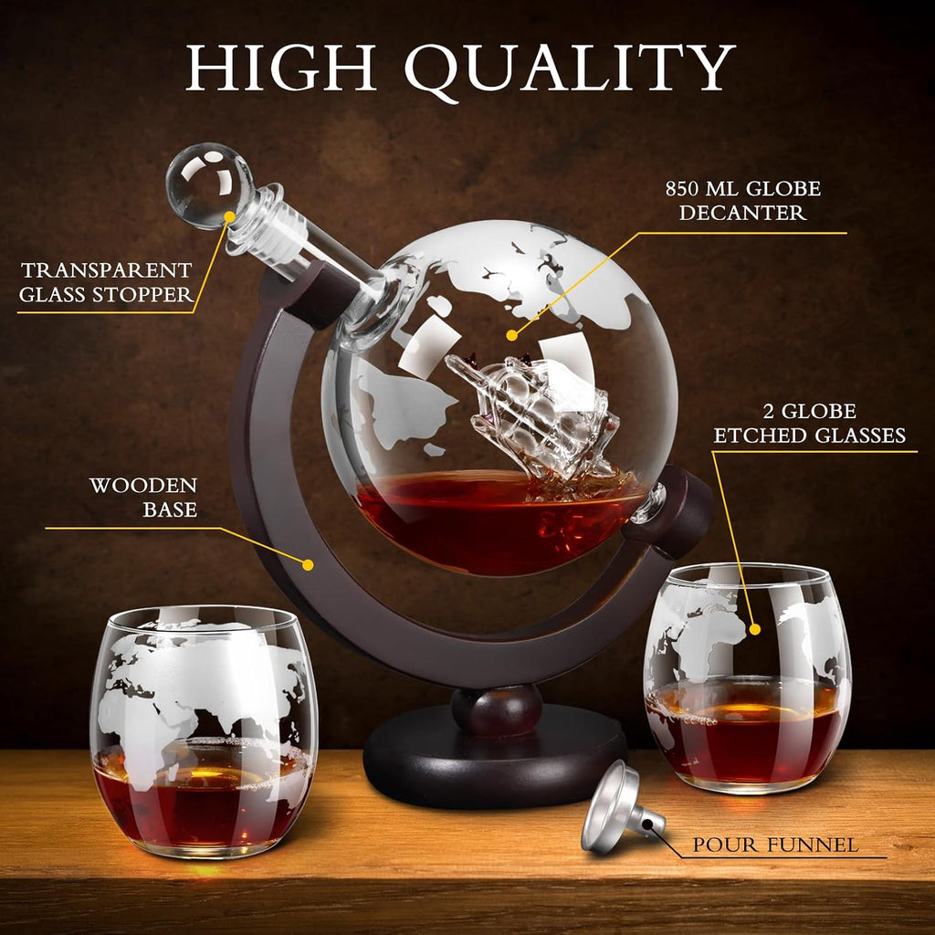 Whiskey Decanter Sets for Men, Whiskey Decanter Globe Set, Gifts for Men Dad Valentines Day with 2 Etched Globe - Set of 3