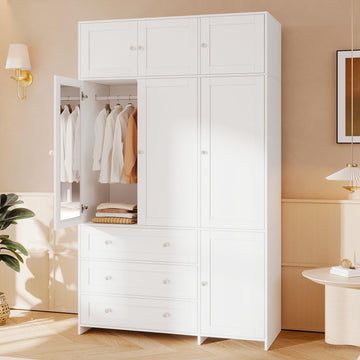 87" H Armoire Wardrobe Closet with Overhead Cabinets, Mirror & Rod