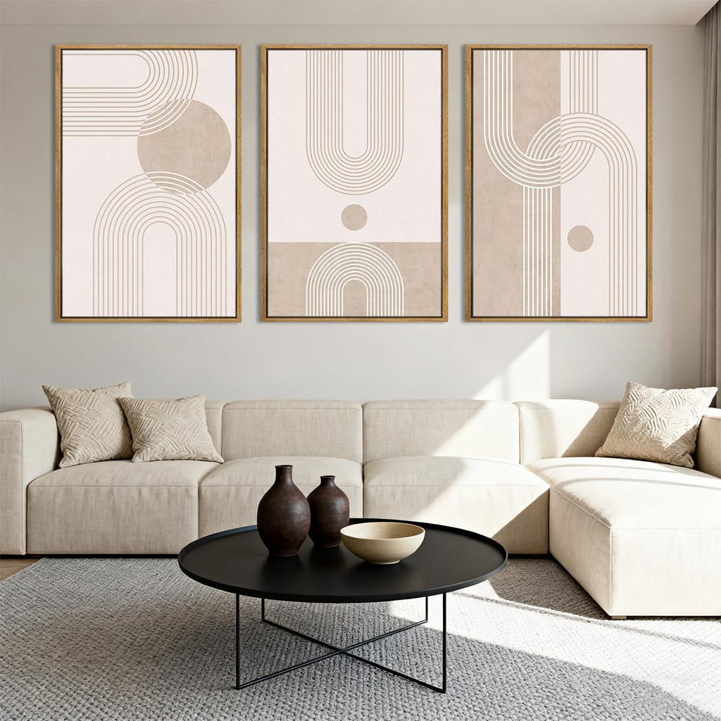 Neutral Boho Abstract Canvas Wall Art Set of 3 Framed Mid Century Modern Wall Decor Beige Geometric Line Artwork