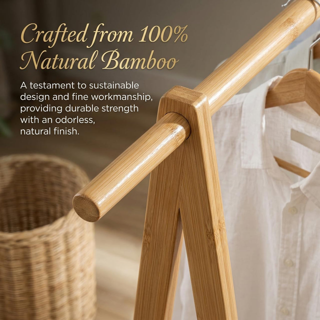 Bamboo Clothes Rack Portable Extra Large Garment Rack 2-Tire Storage Box Shelves and Bed Room Patented Design