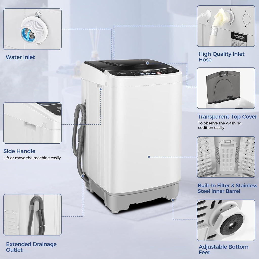 Portable Washing Machine, 20Lbs Capacity Full-Automatic Portable Washer, 2.8Cu.ft Washer and Dryer Combo with Drain