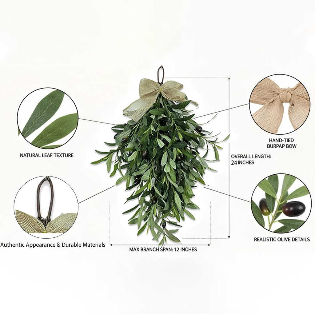 Premium 24" Artificial Olive Branch Teardrop Swag - Realistic Faux Greenery Wreath for Front Door, Wall, Home &