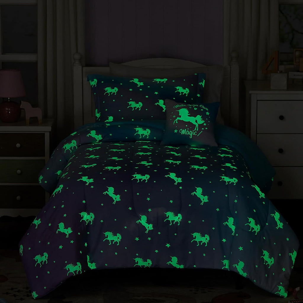 Twin Comforter Set for Girls-3 Pieces Unicorn Glow in the Dark Twin Bedding Sets for Kids,1 Comforter,1 Sham and 1